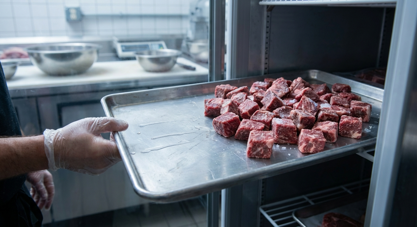 Cubed beef chuck on a sheet pan being prepared for pre-freezing before grinding