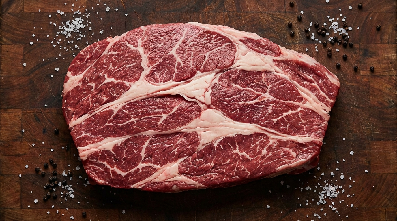 Beef chuck primal showing visible white connective tissue seams between muscle groups