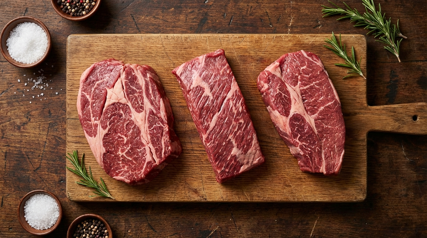 Three separated beef muscles from a chuck primal after seam cutting on a wooden cutting board