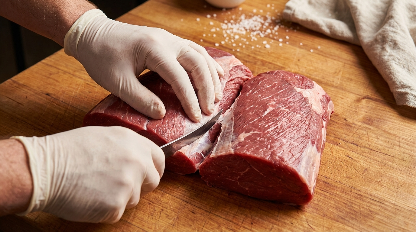 Hands pulling apart two beef muscles along the natural seam while using a boning knife