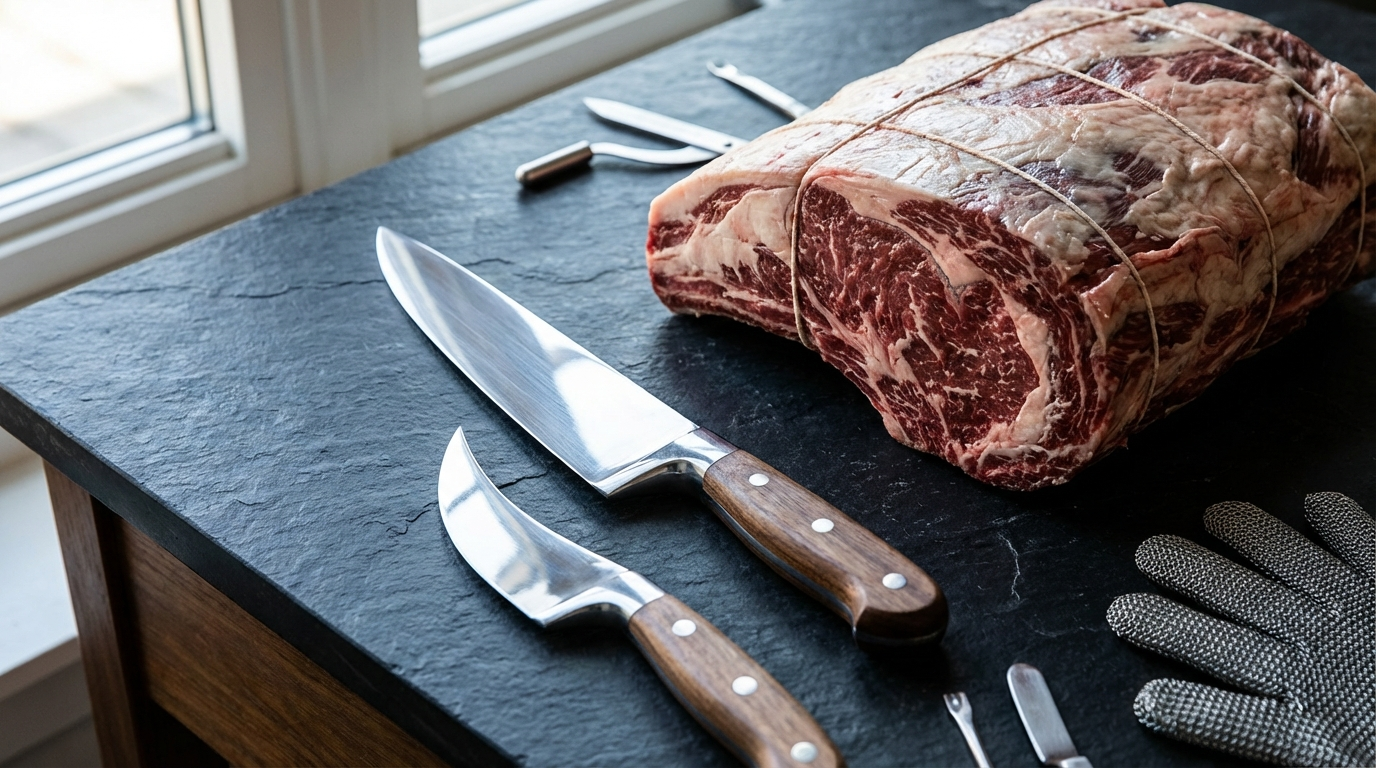 Boning knife and curved breaking knife on dark slate next to a beef sub-primal cut