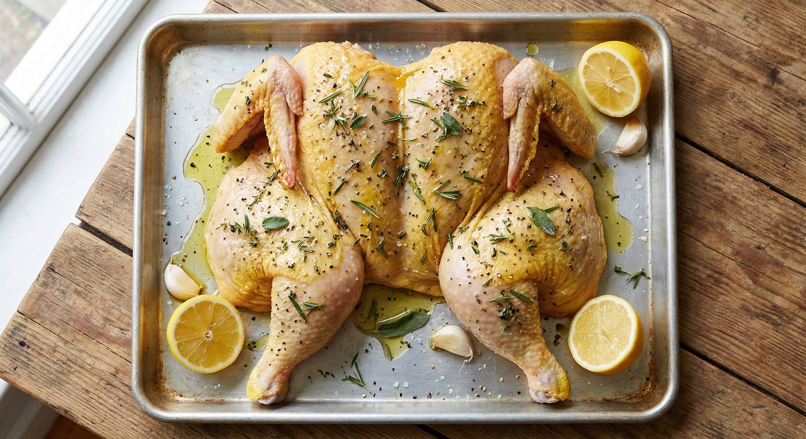 Overhead view of a spatchcocked chicken pressed flat on a baking sheet, skin side up, seasoned with herbs and ready for roasting