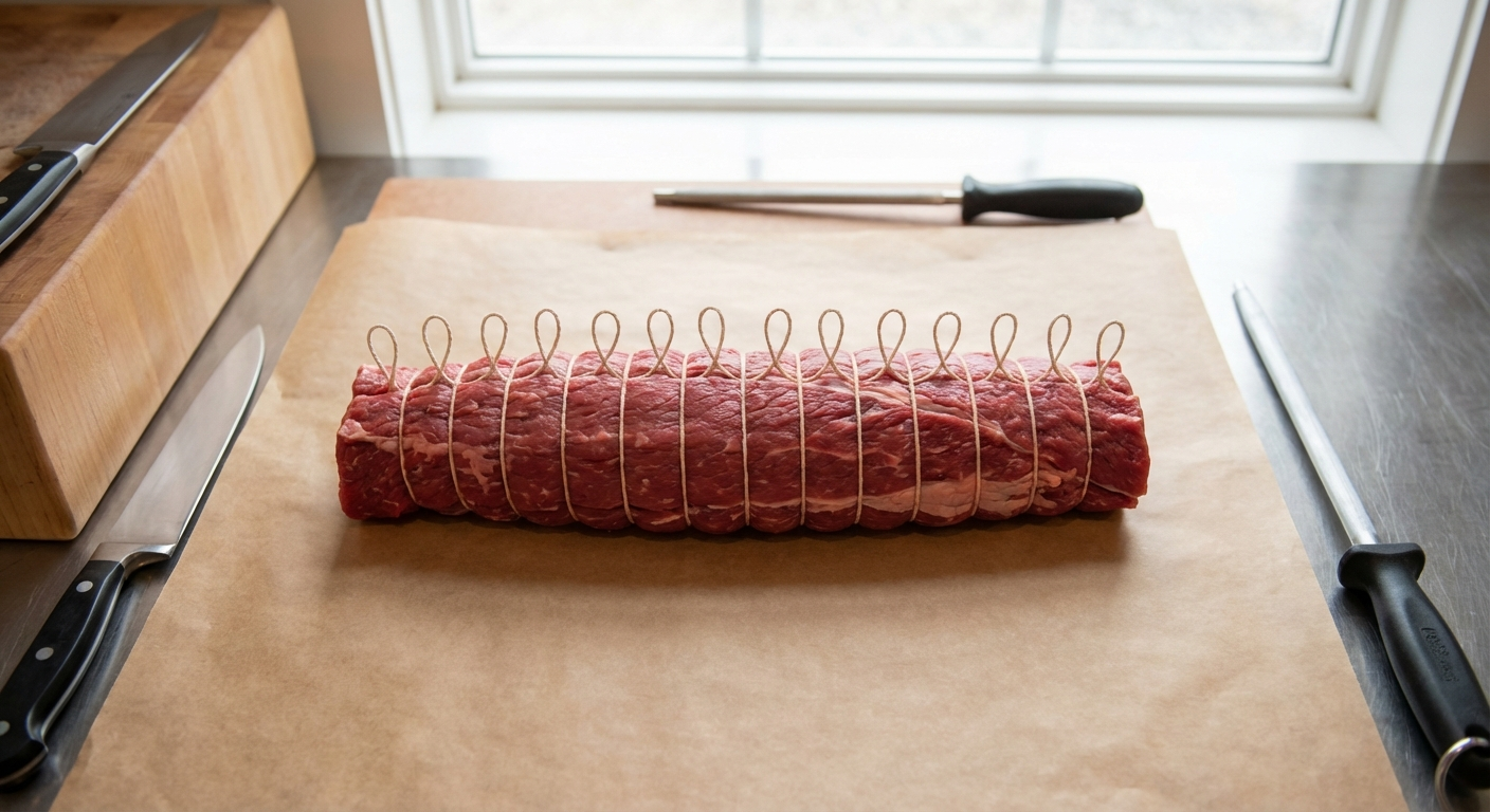 Overhead view of a neatly tied beef tenderloin with evenly spaced butcher's twine loops at one-inch intervals