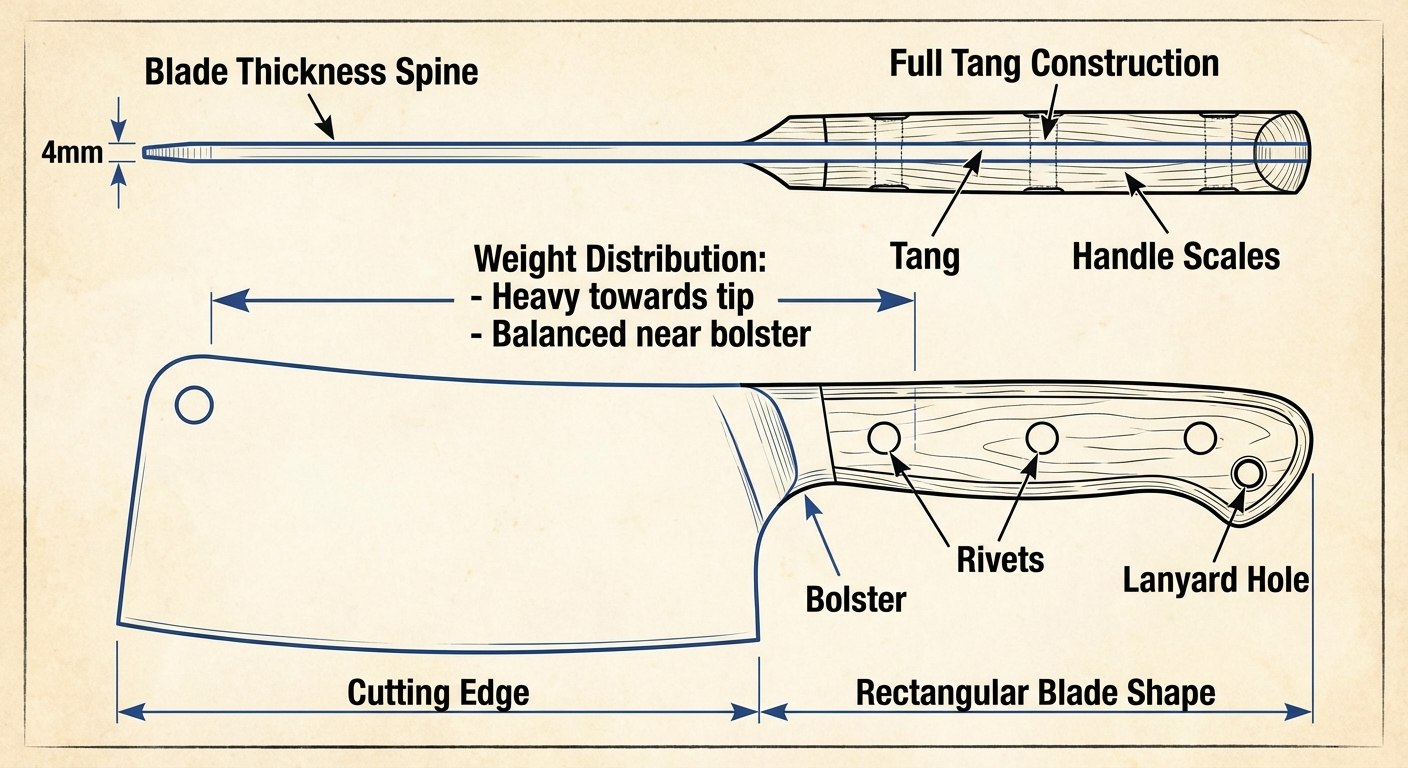Labeled diagram showing key parts of a meat cleaver including blade thickness, tang construction, and weight distribution
