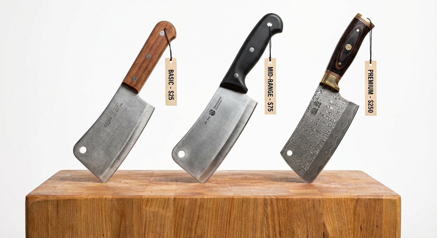 Three meat cleavers at different price points showing budget, mid-range, and premium options