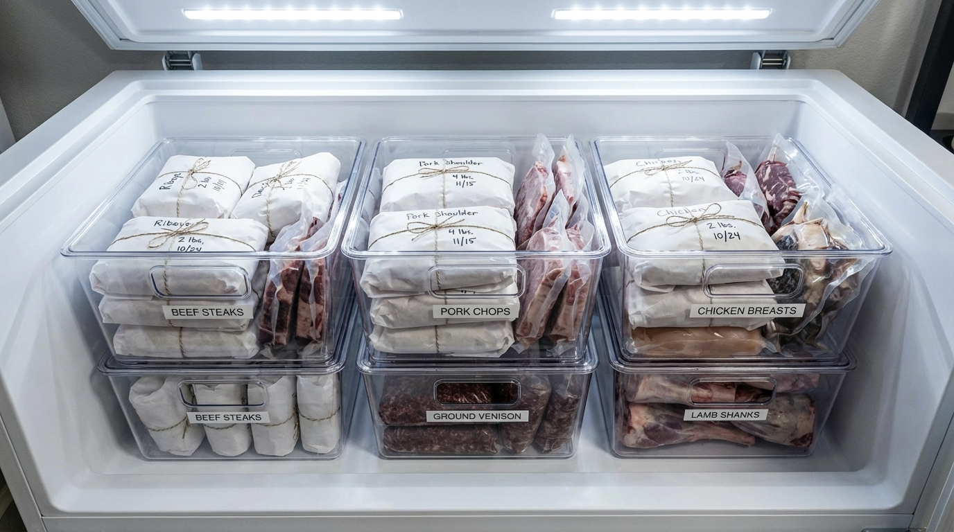 Well-organized chest freezer with labeled meat packages sorted by type in plastic bins