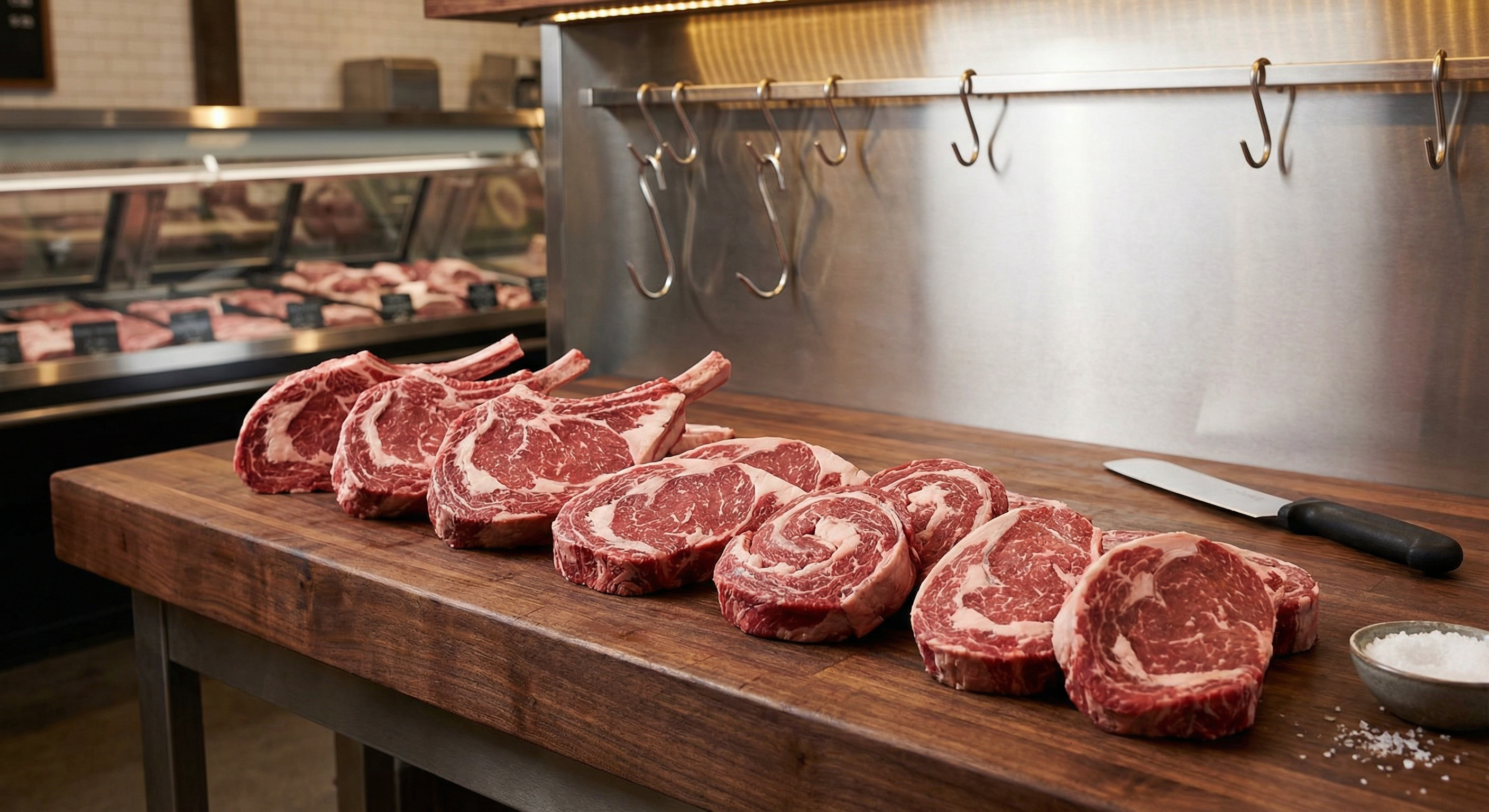 Final presentation of portioned ribeye steaks arranged on butcher block showing marbling