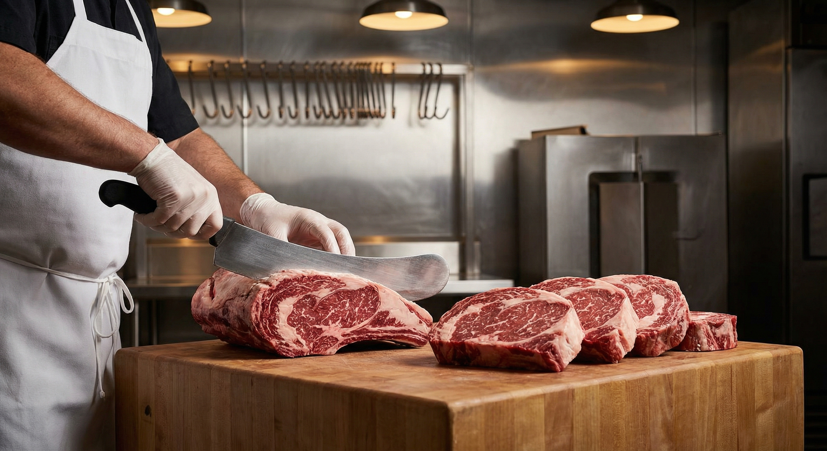 Portioning ribeye primal into thick steaks with breaking knife showing proper technique