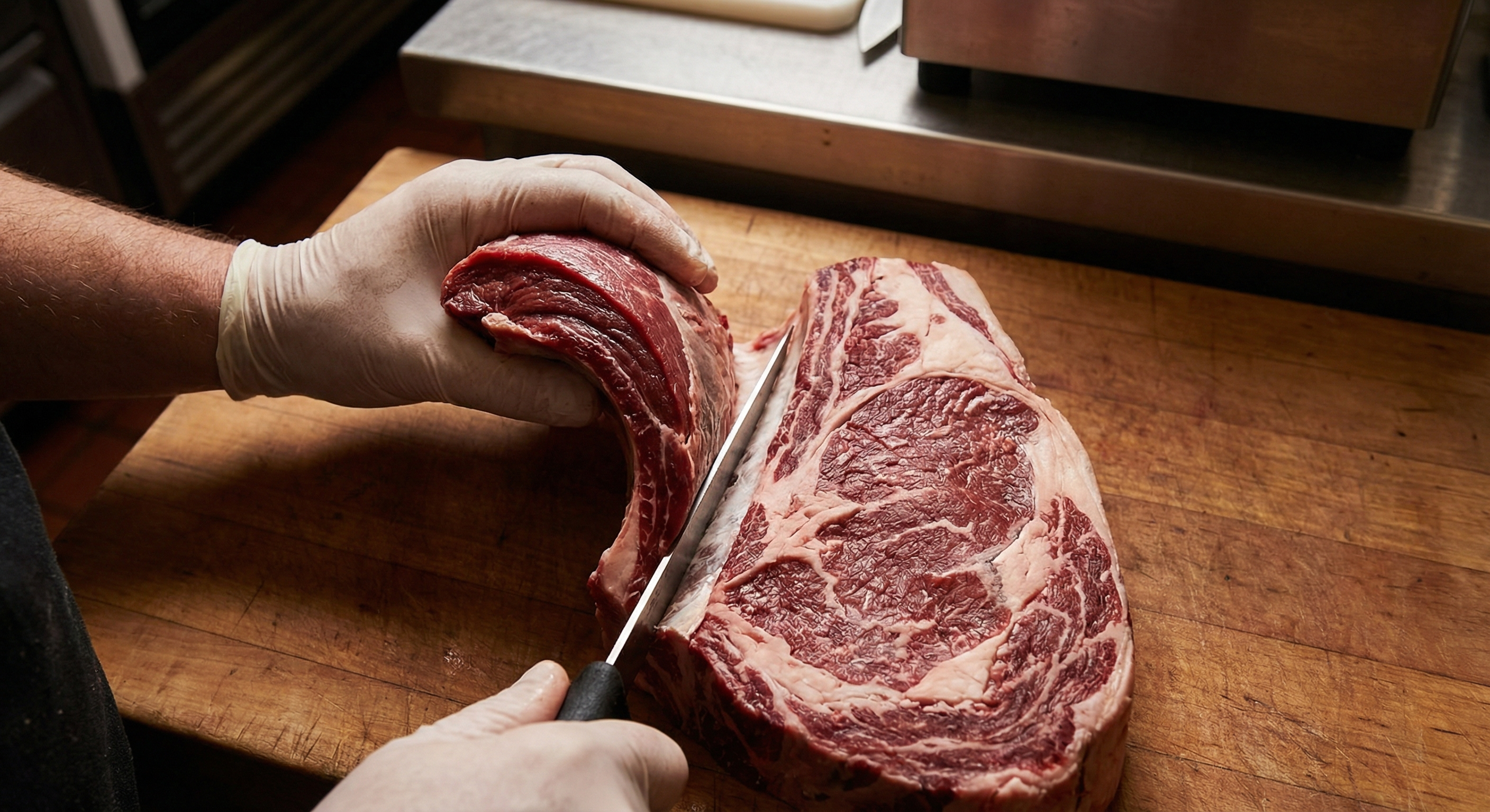 Removing rib cap spinalis muscle from ribeye using boning knife seam cutting technique