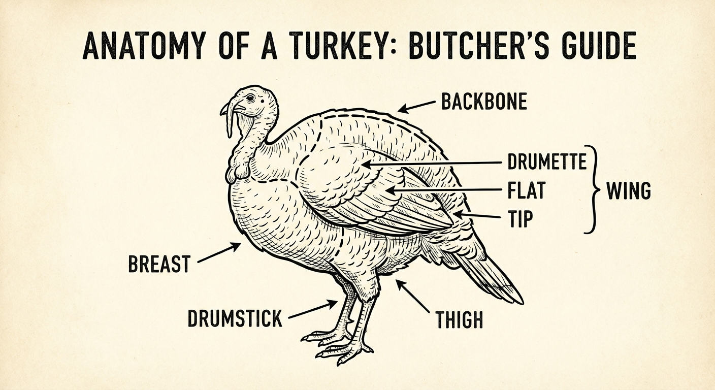 Diagram showing the major sections of a turkey including breast, thigh, drumstick, wing, and backbone