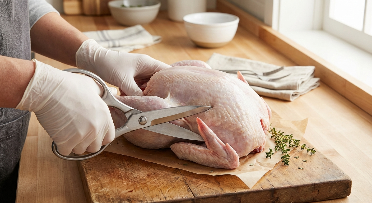 Kitchen shears cutting along the backbone of a turkey carcass on a wooden cutting board