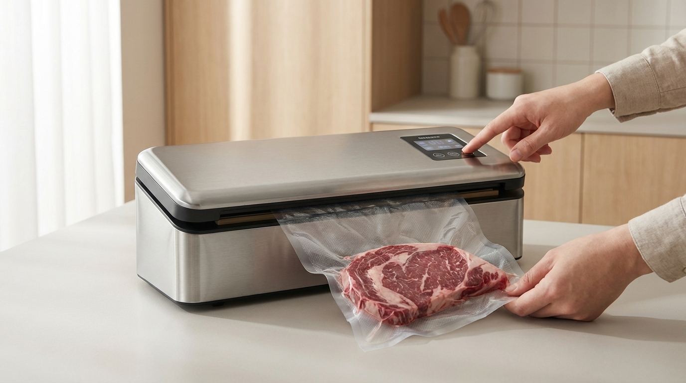 Vacuum sealer removing air from bag containing ribeye steak showing proper bag size and placement